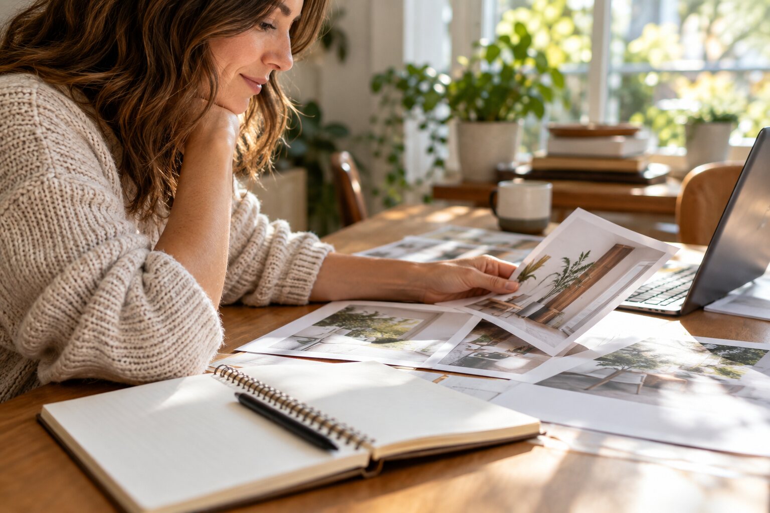 An editor reviewing printed references and an open notebook beside a laptop at a sunny home desk.