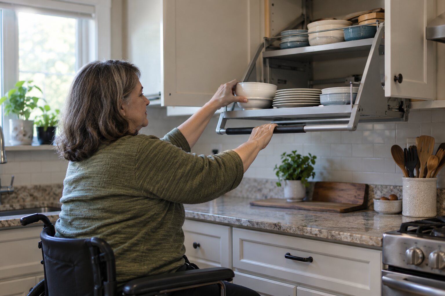 A manual pull-down kitchen shelf lowered in an upper cabinet.