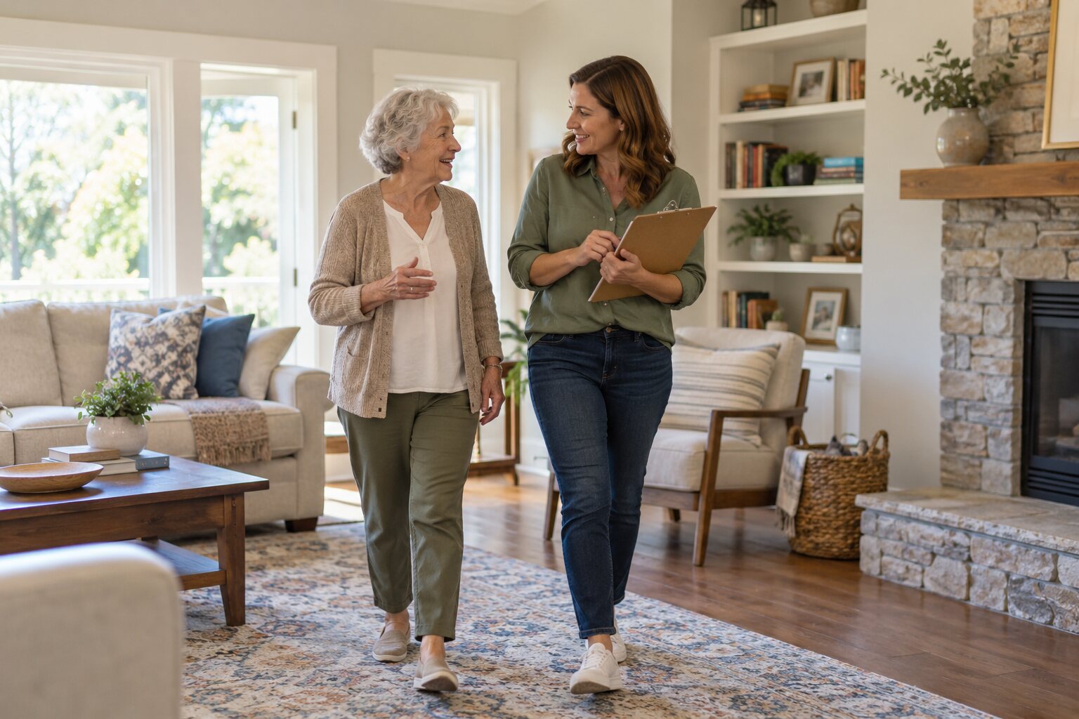 An older woman and adult daughter walking through a tidy living room with a clipboard.