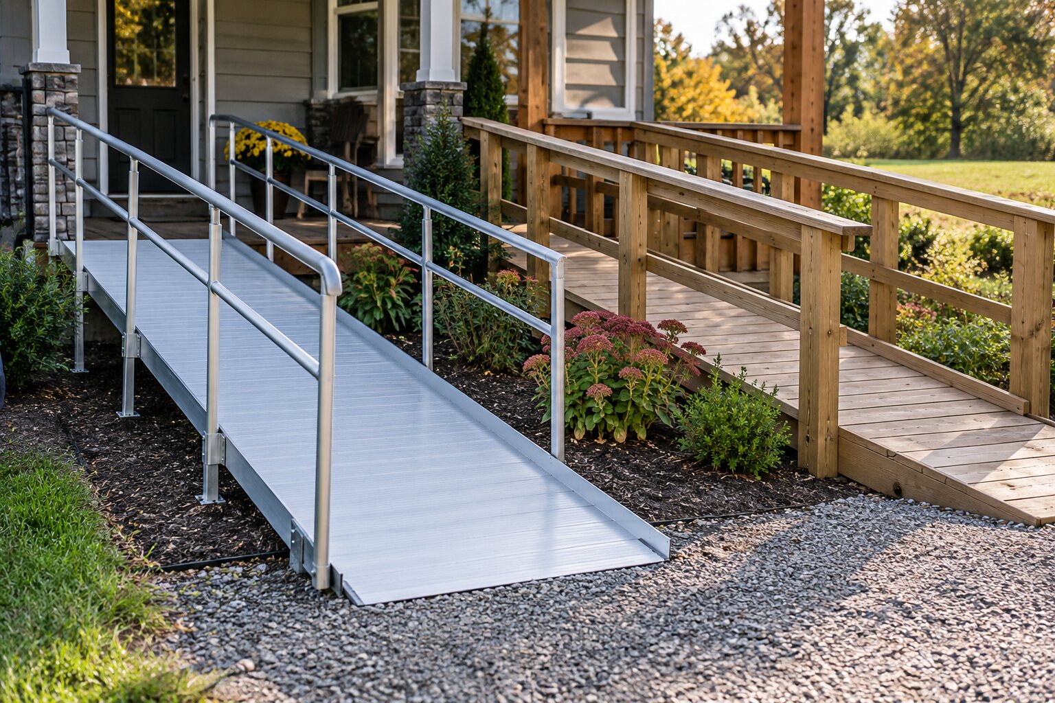 Two separate access paths in one realistic outdoor supplier display: modular aluminum ramp beside a timber ramp.