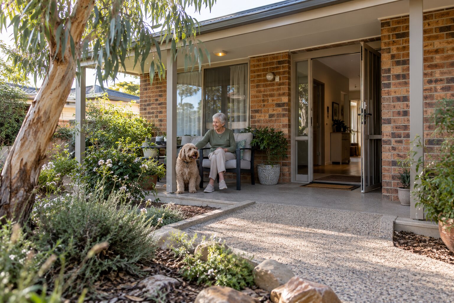 An older resident on the shaded veranda of a modest Australian suburban brick bungalow with wide level entrance.