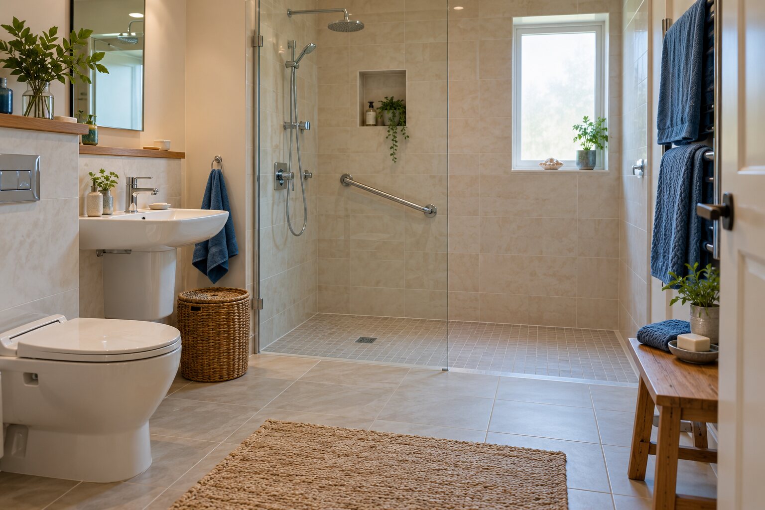 Wide view of a modest modern bathroom with level shower entrance and clear floor space.