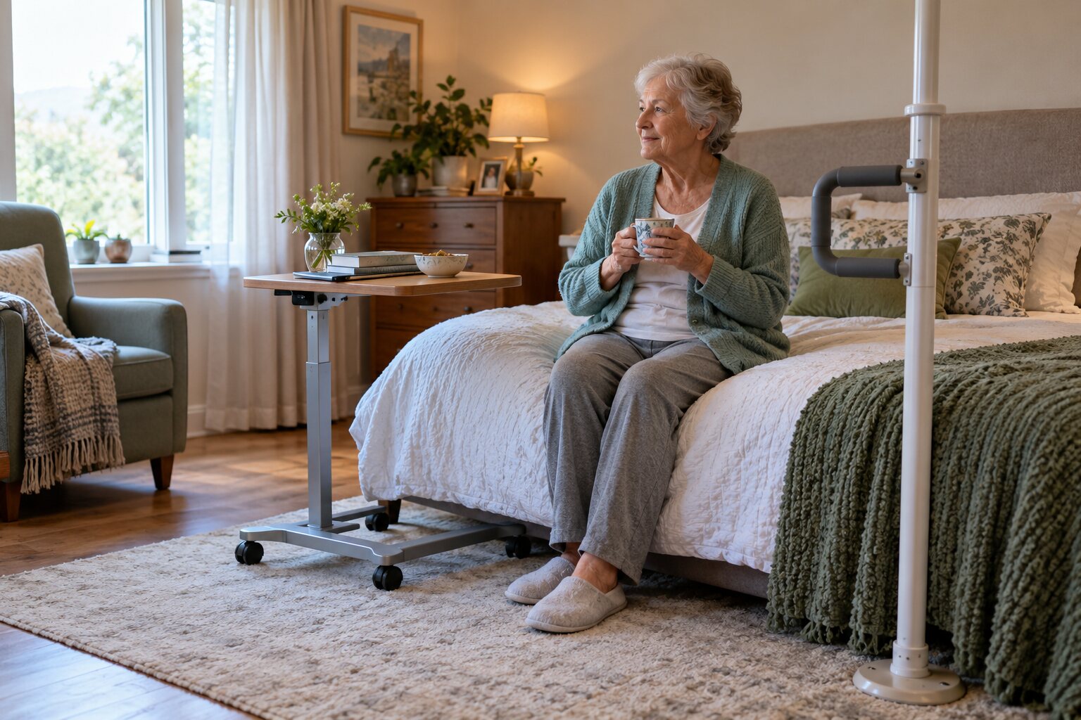 Comfortable bedroom with overbed table moved beside the bed and a freestanding support pole near bedside.