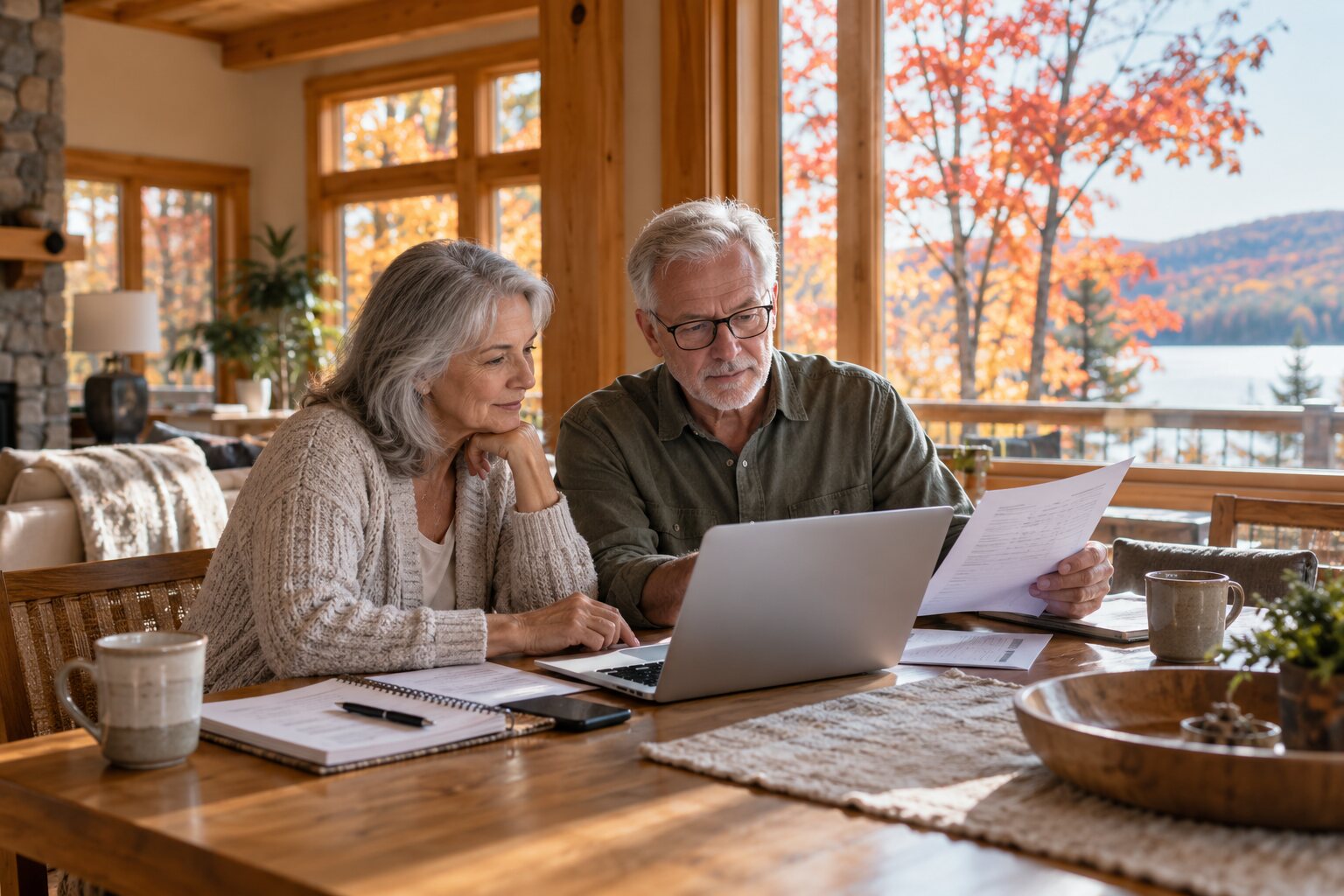 An older couple researching at a dining table in a Canadian timber home.
