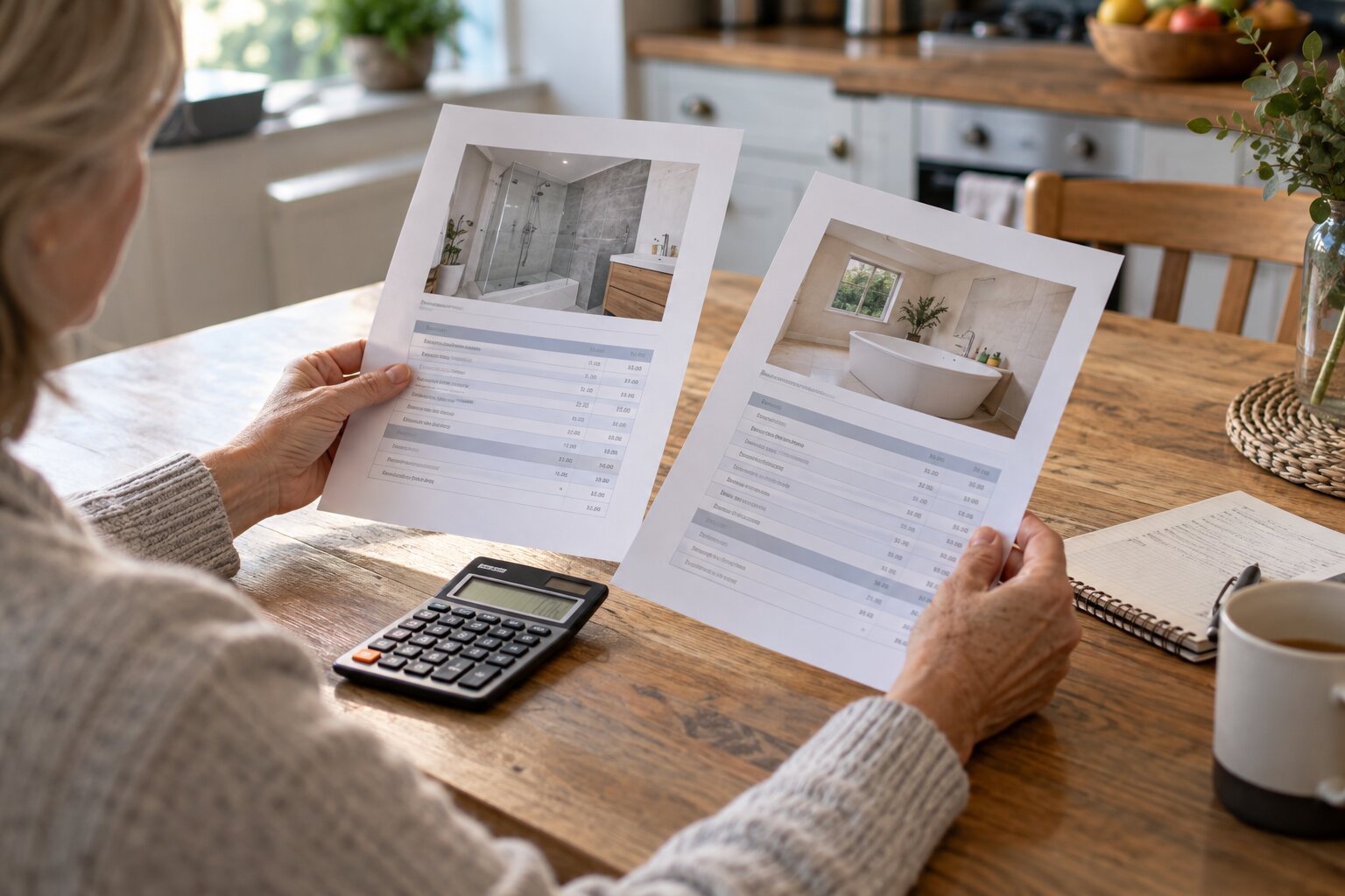 Two different printed renovation quotations and a calculator on a wooden kitchen table.