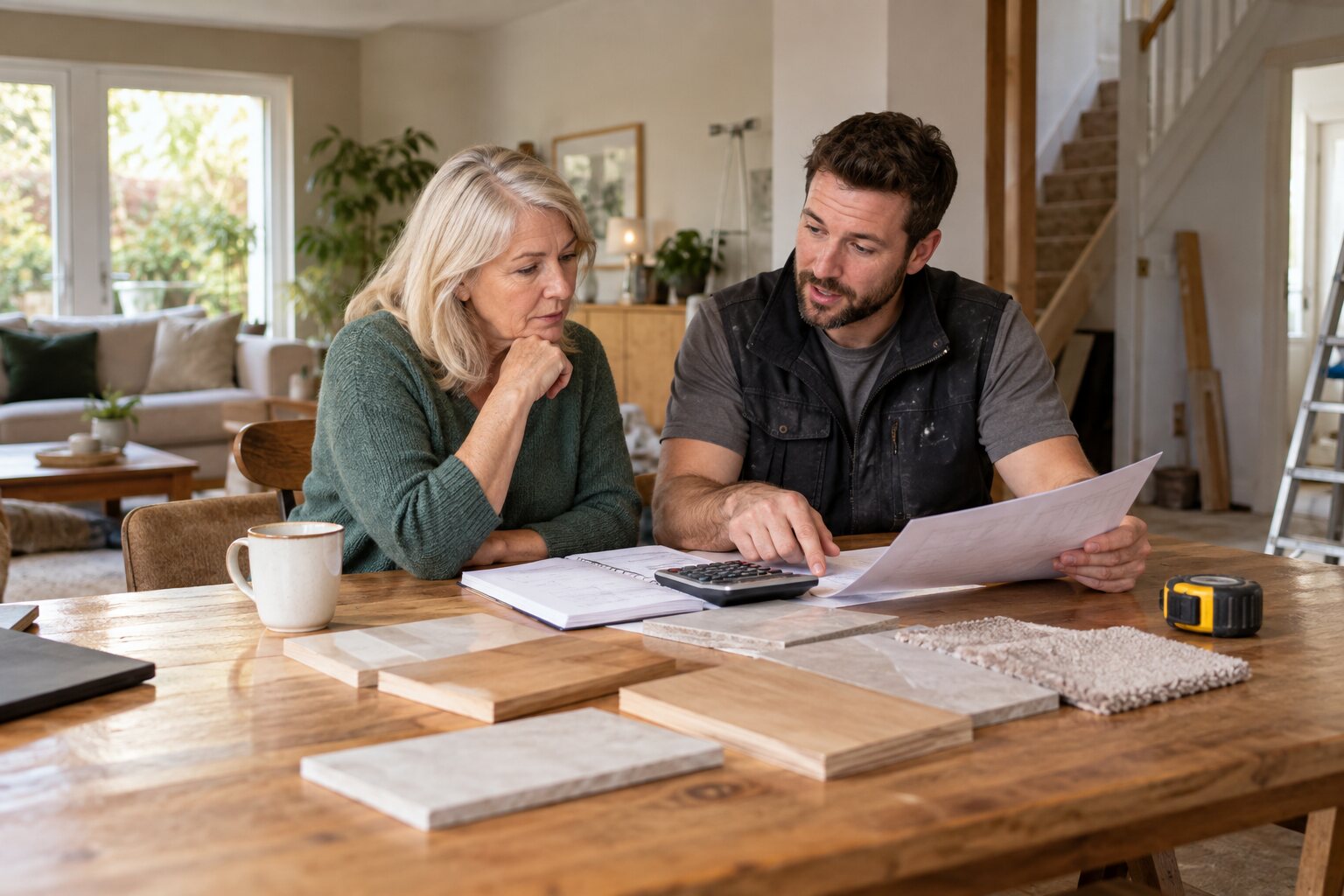 Homeowner and building contractor discussing a budget beside a small renovation sample board in a lived-in home.