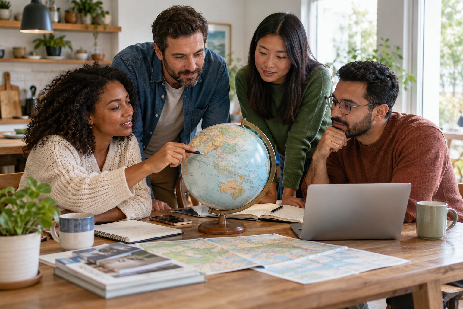 A diverse group of adults around a home table looking at a globe and notebooks.