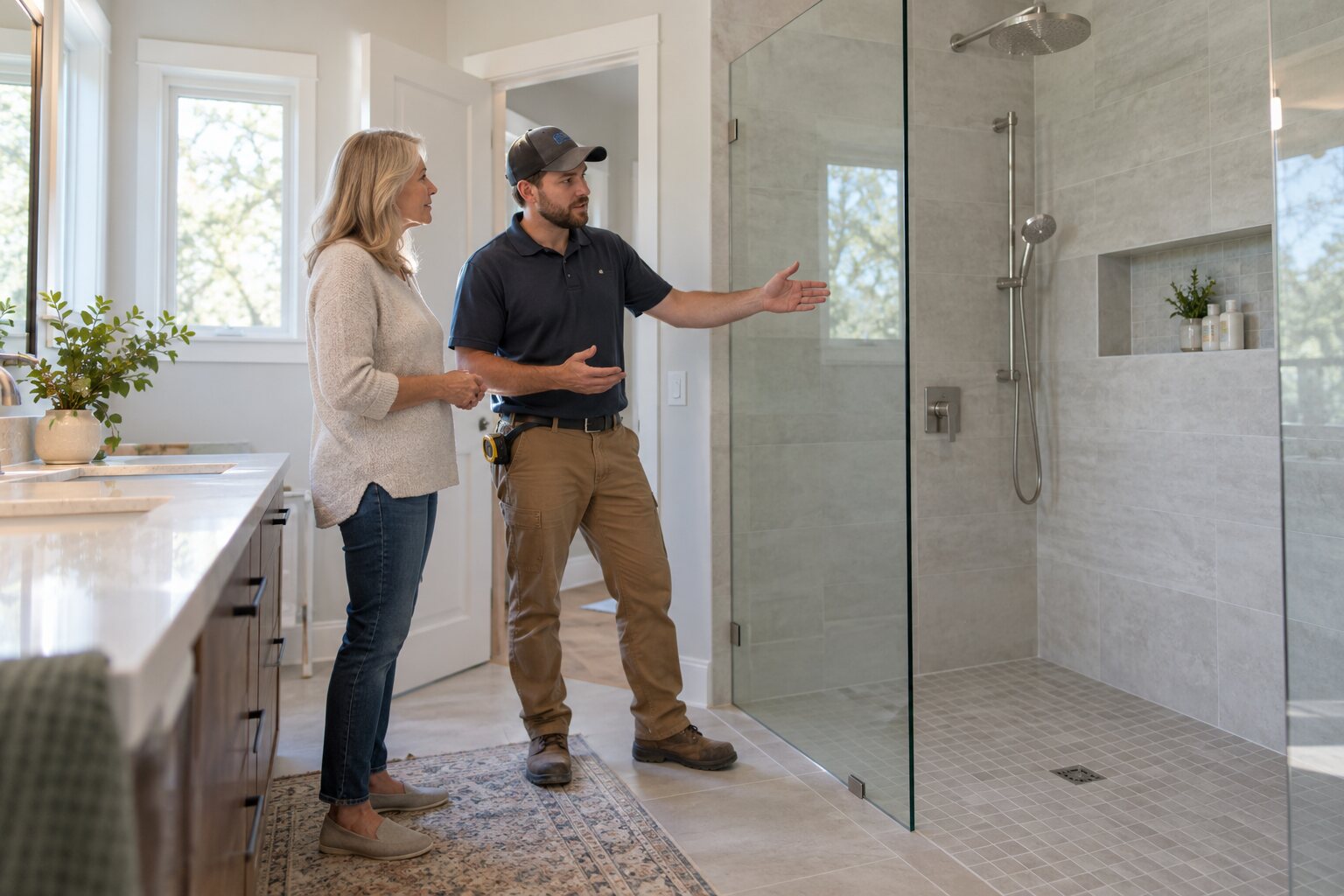Bathroom renovation scene showing a finished low-entry shower with glass screen and installer discussing the work with homeowner.