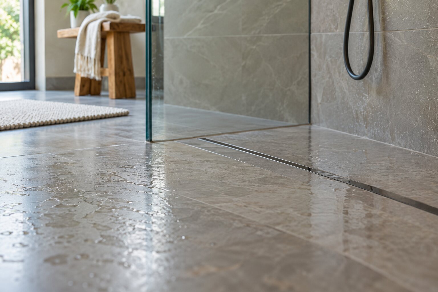 A finished tiled shower floor and slim linear drain.