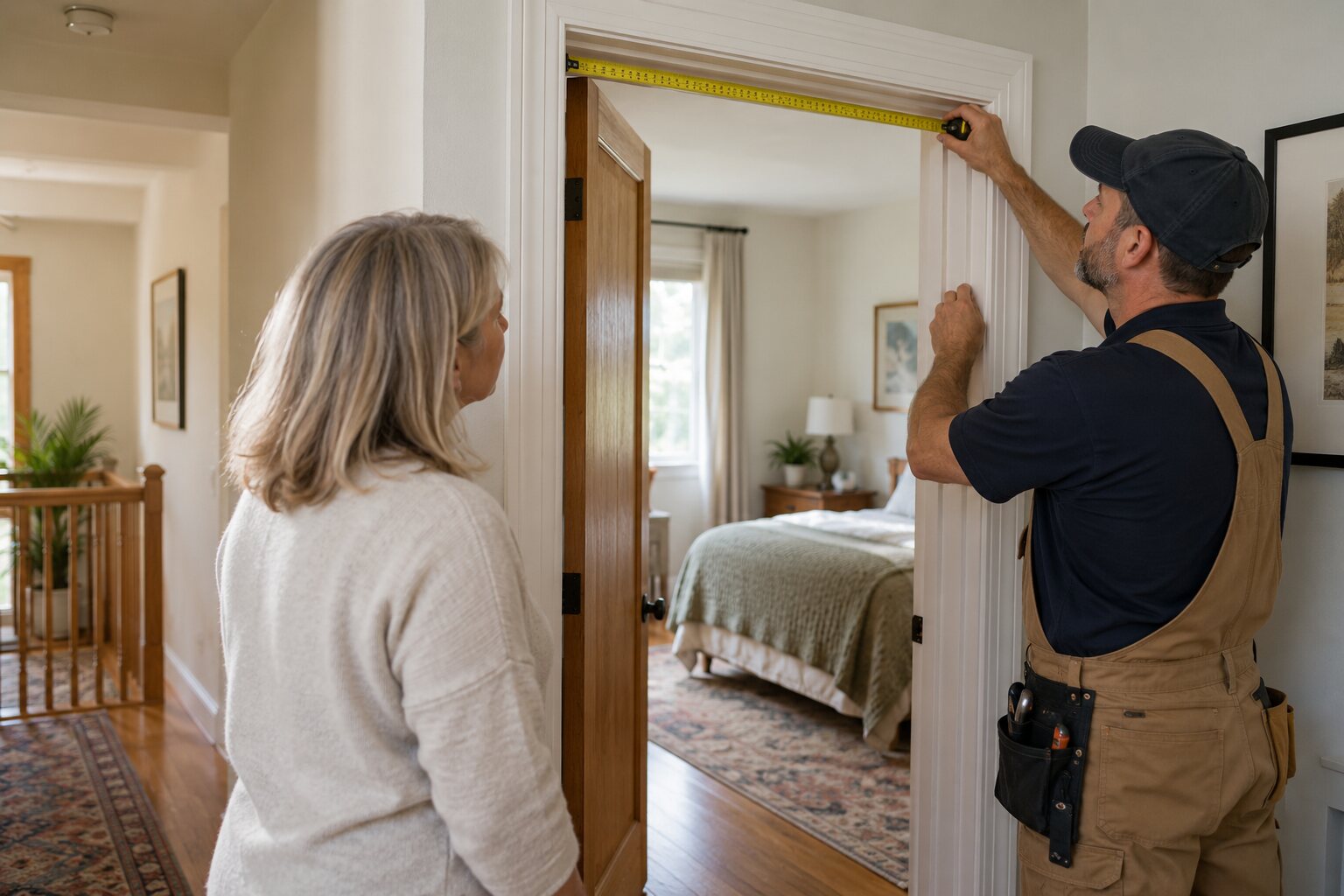 Contractor measuring an existing doorframe with a homeowner watching.