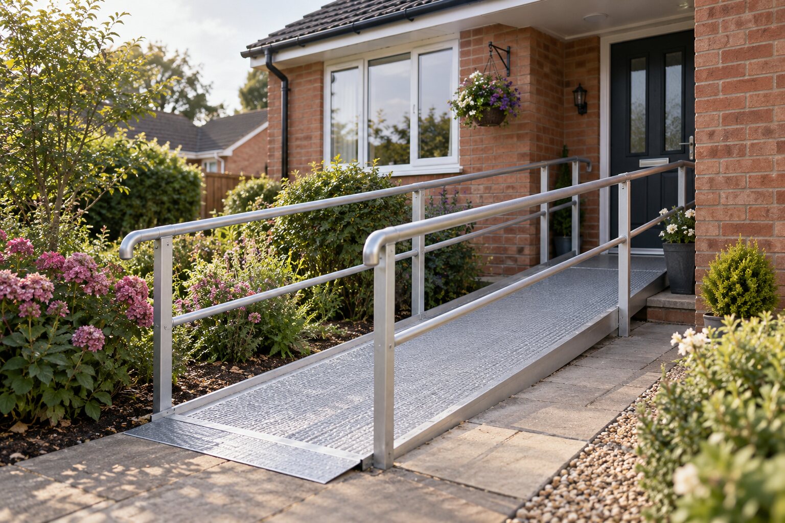 A modest brick house entrance with a long metal access ramp and handrails.