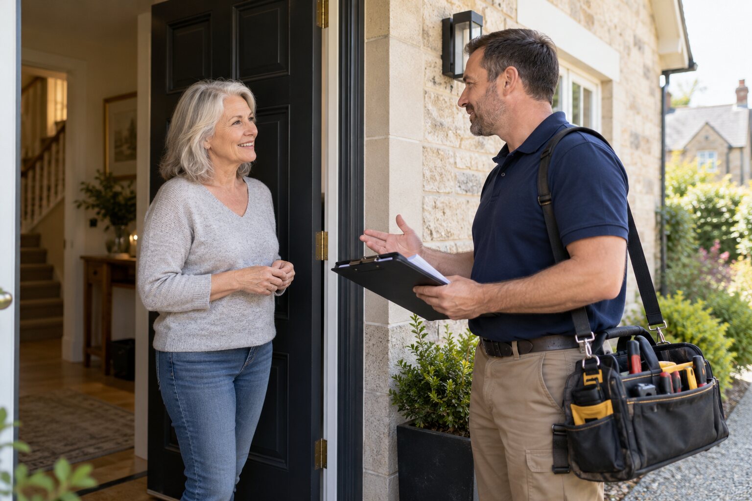 Homeowner meeting a contractor at front door.