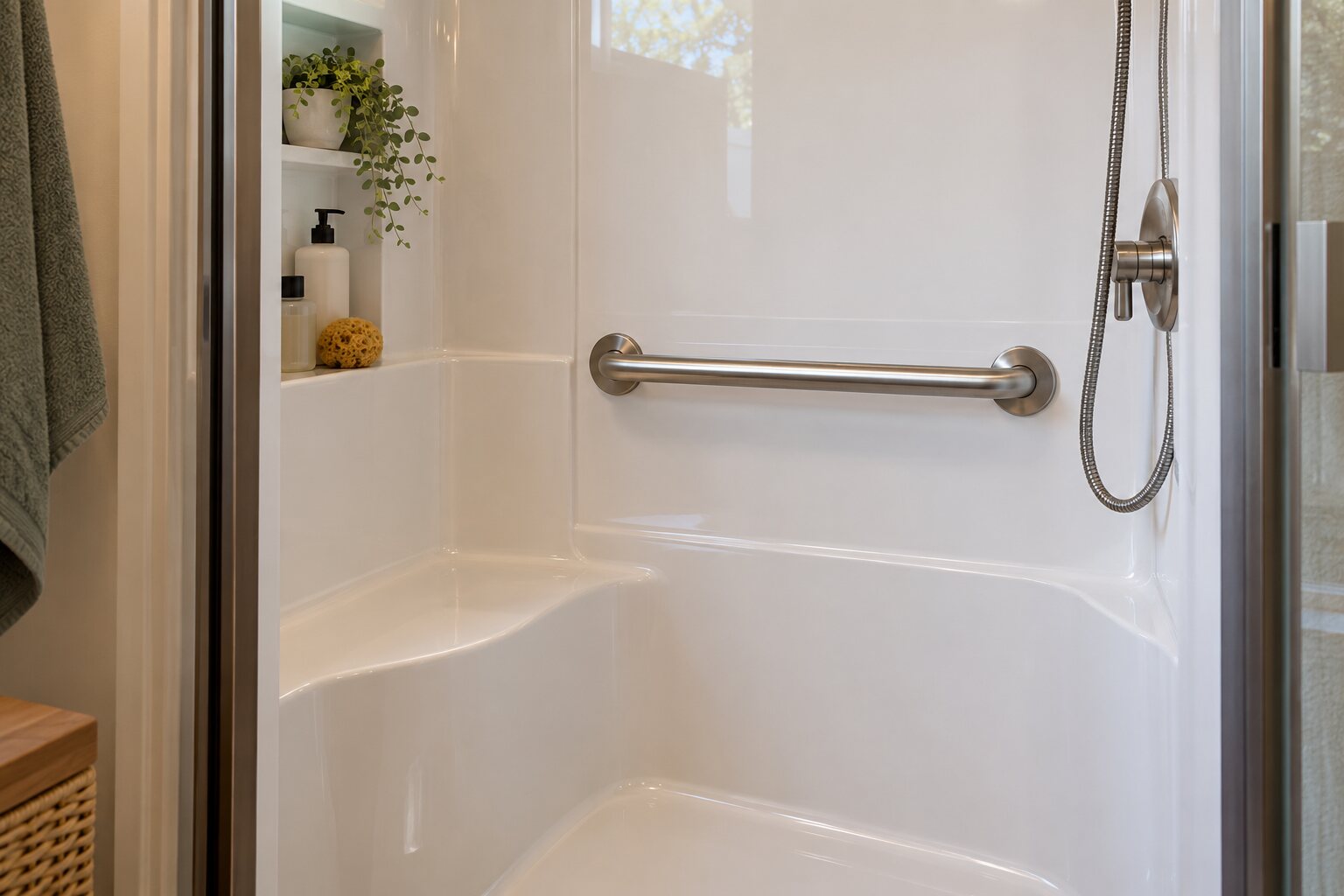 A finished solid-wall acrylic shower surround with a securely mounted simple support rail.