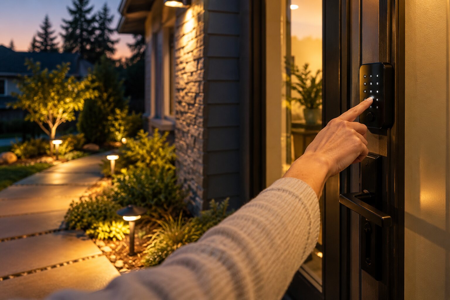 Evening photograph of a hand using an unbranded door keypad with softly illuminated entrance path.