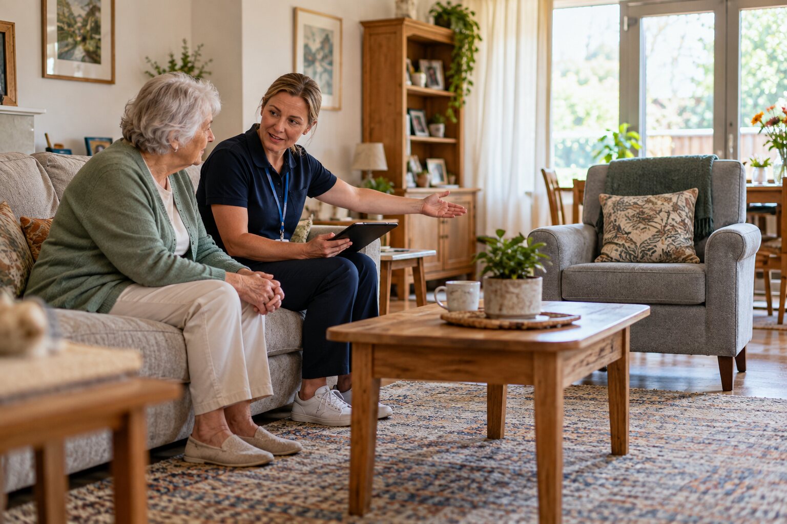 Occupational therapist and older resident seated together in a living room discussing everyday movement and furniture placement.