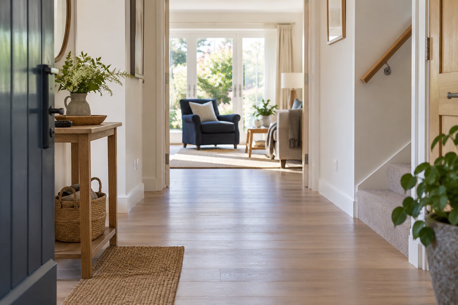 An uncluttered home entrance hallway leading to a sunny living room.