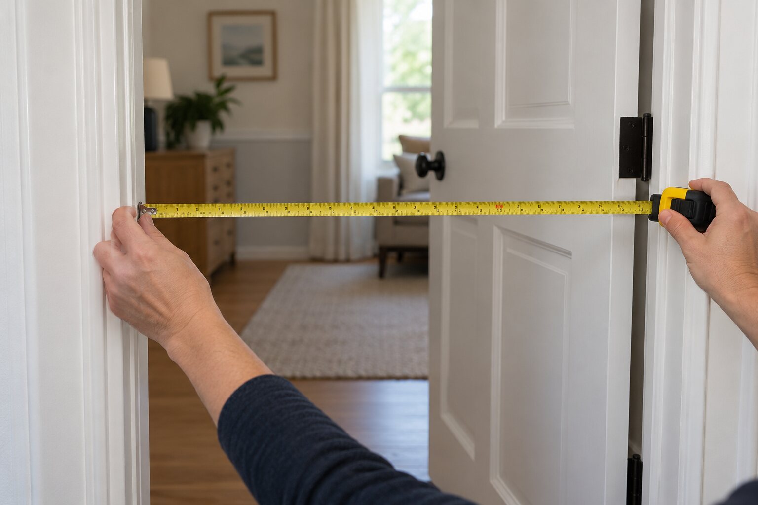 Hands holding a tape measure across the clear opening of a white interior door open at right angle.