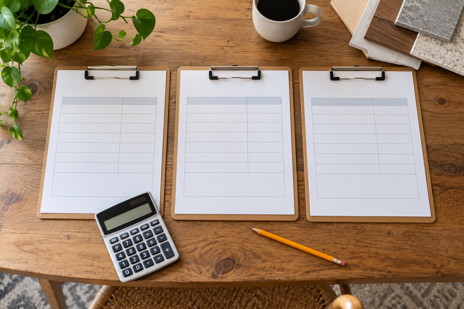 Three blank estimate sheets in separate neat columns with a calculator and pencil on a desk.