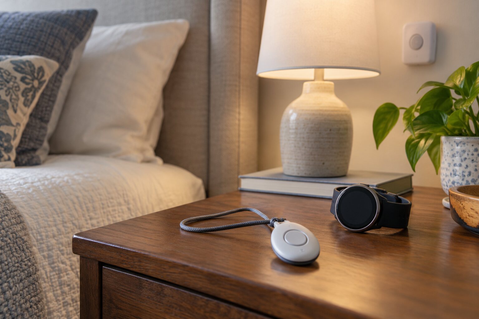 An unbranded wearable alert pendant and wristwatch on a bedside table.