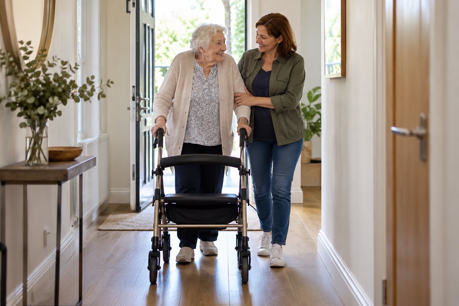 Older adult arriving home with a walking frame accompanied by a family member through an uncluttered level hallway.