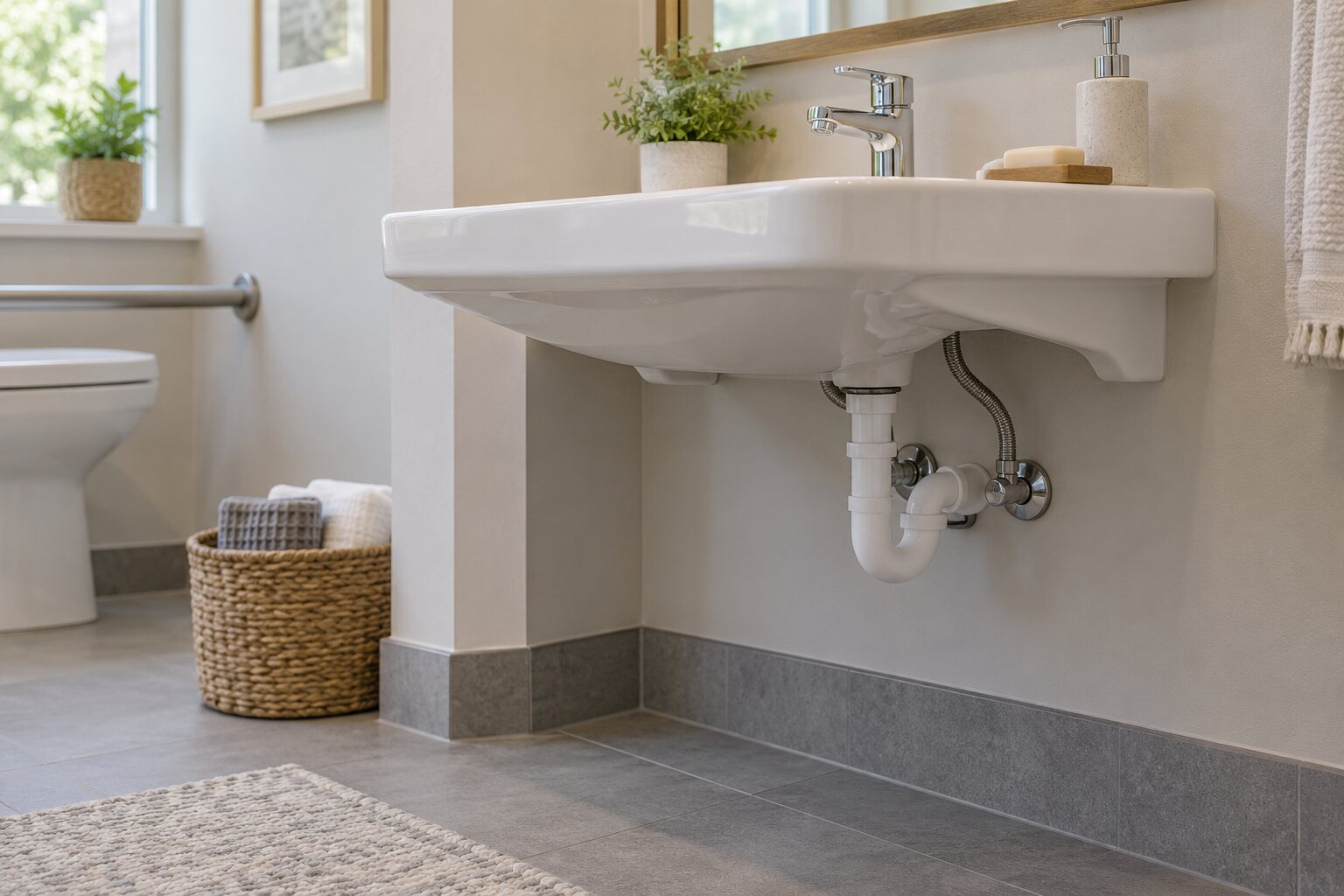 Angled architectural close-up of a wall-mounted shallow basin with open space beneath and neatly protected plumbing.