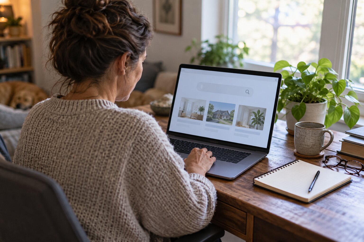 Resident using a laptop at a quiet home desk with notebook and glasses.