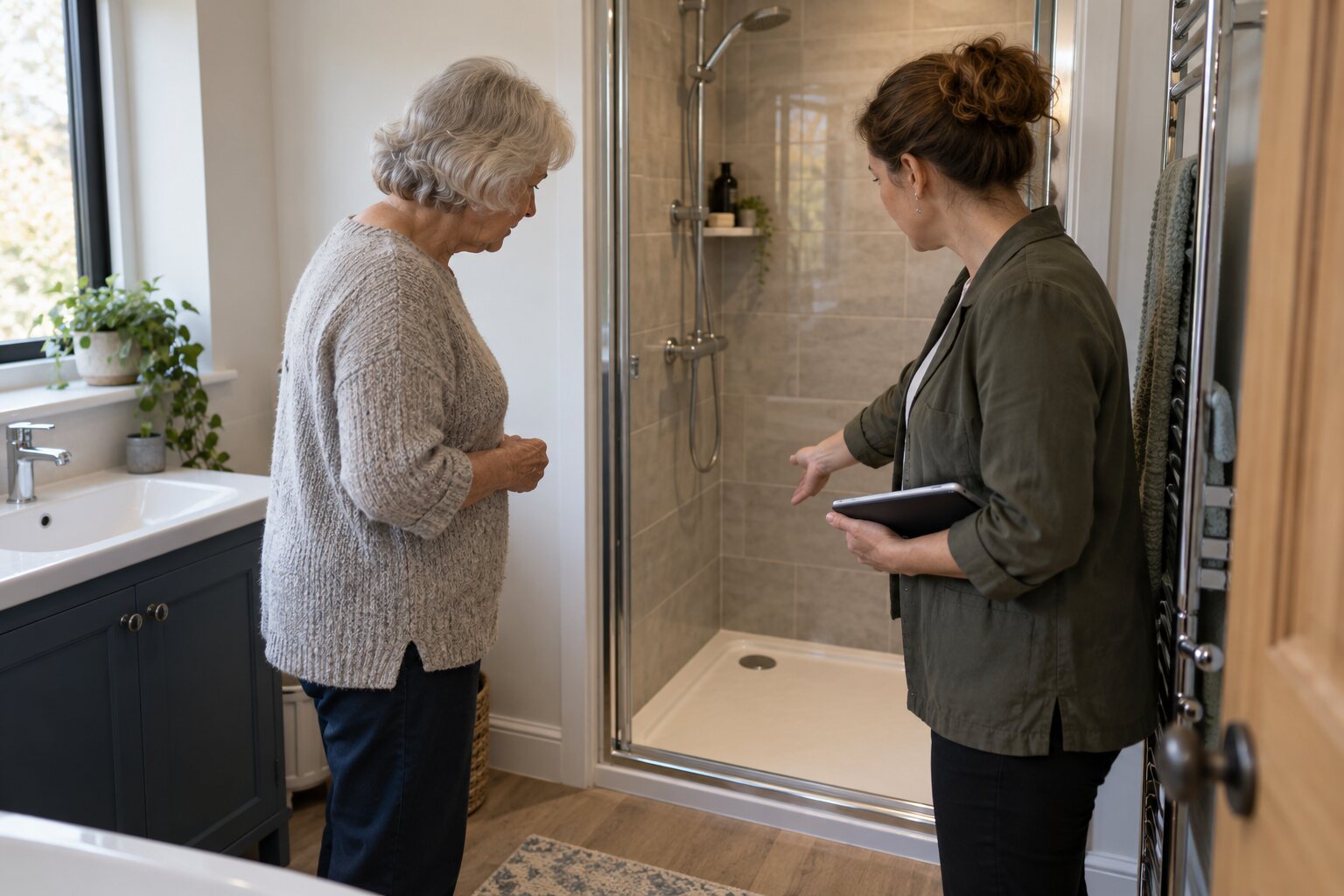 Older homeowner and bathroom designer standing outside a compact shower doorway.