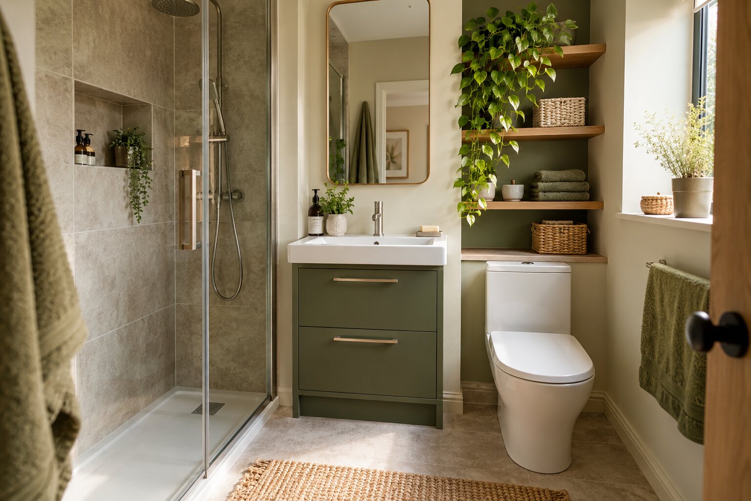 A compact bathroom with careful storage.