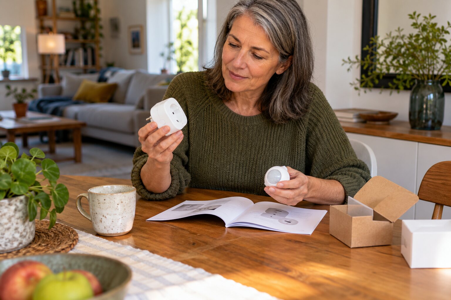 Homeowner at a table examining an unbranded smart plug.