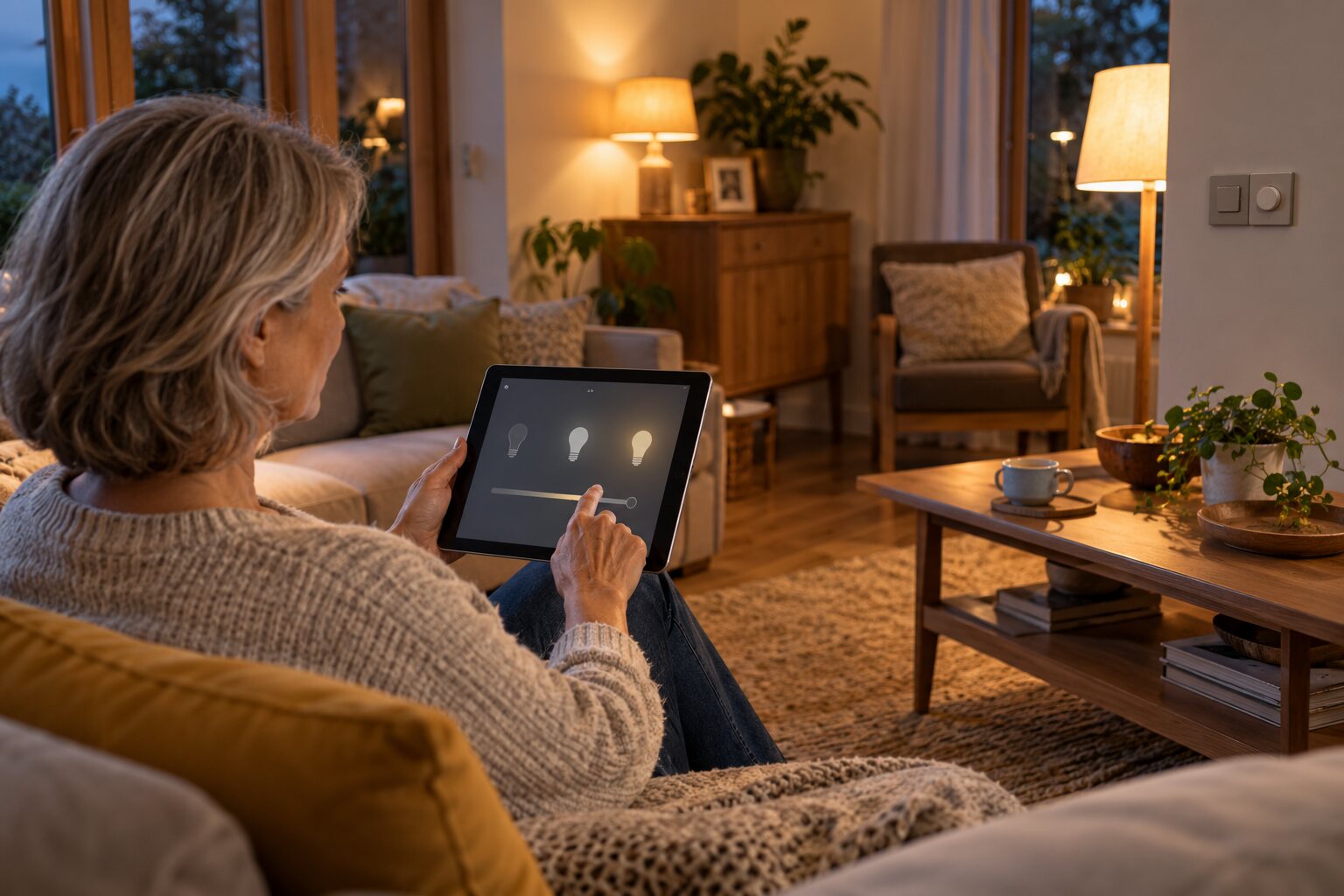 Resident using a tablet to adjust lights in a cosy living room.
