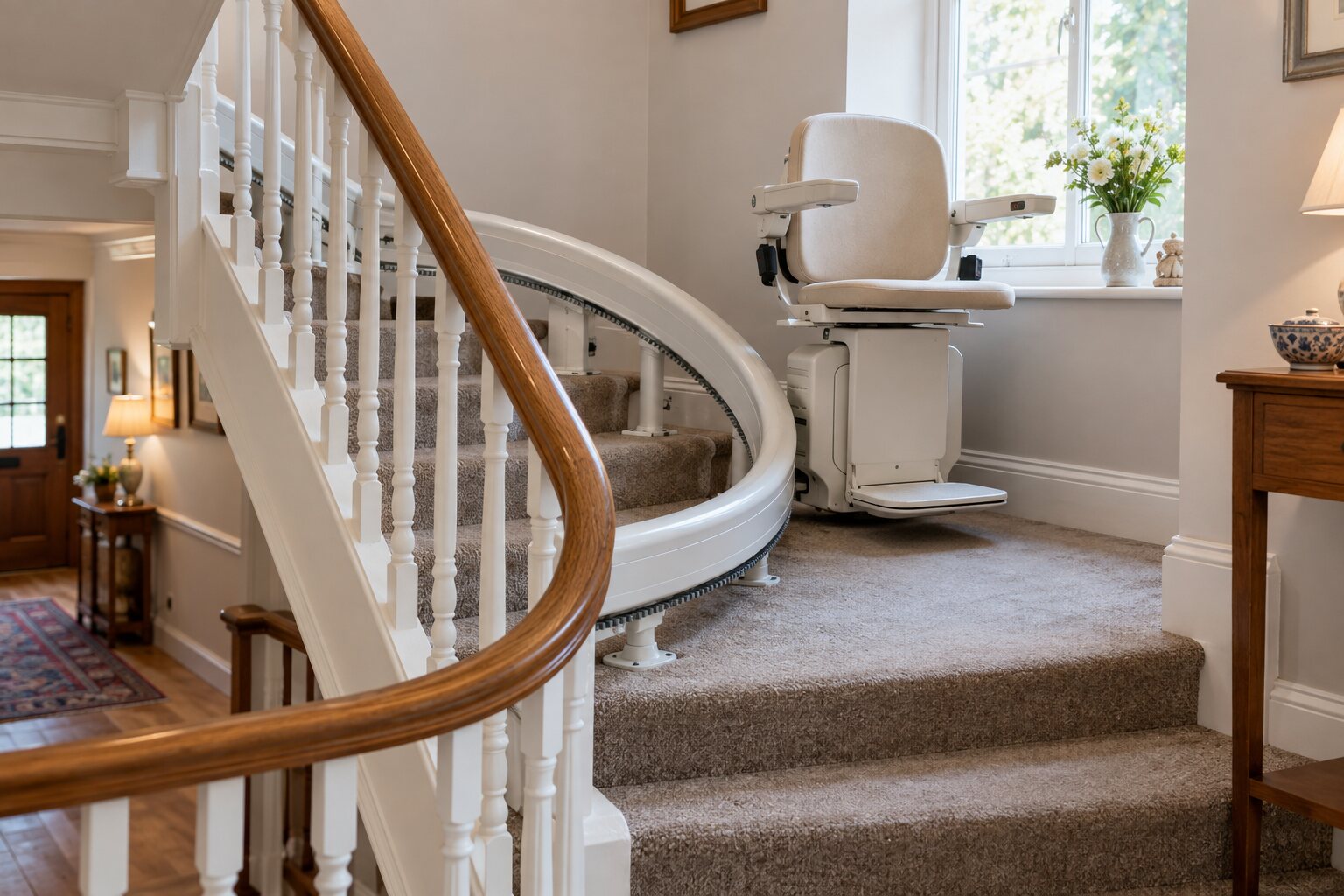 Domestic staircase with a curved stairlift rail following a quarter-turn and chair parked on the landing.