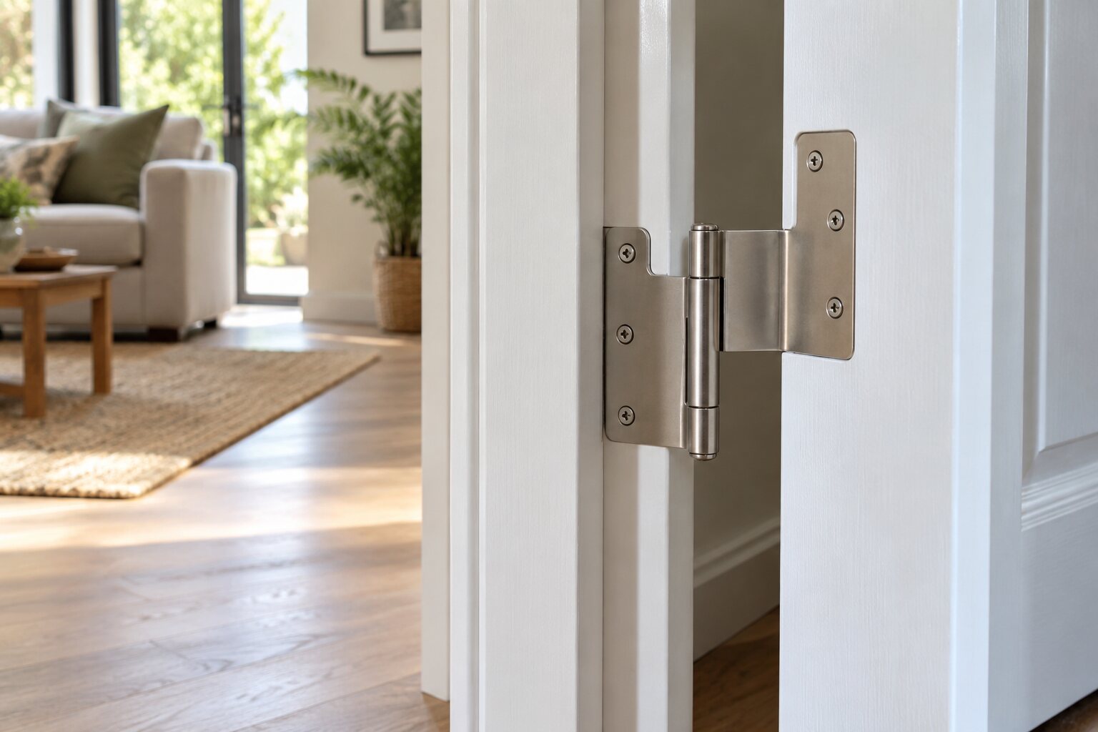 Detailed close-up of an offset door hinge on a white timber frame with door open out of the clear passage.