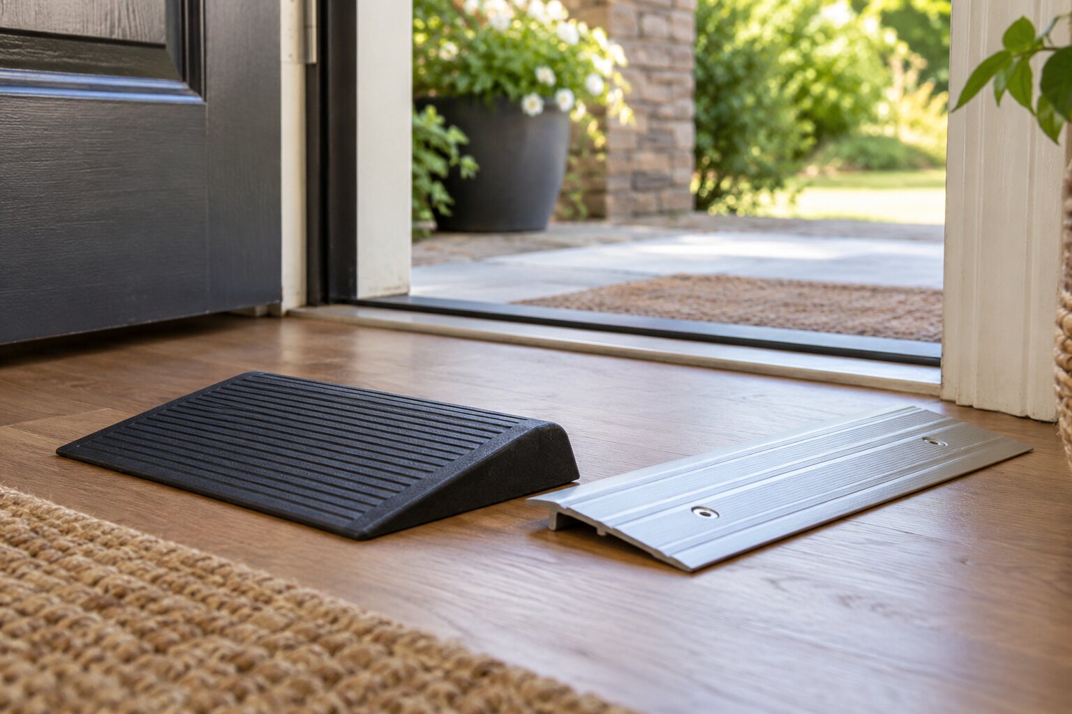 A small rubber threshold wedge beside a metal threshold plate.