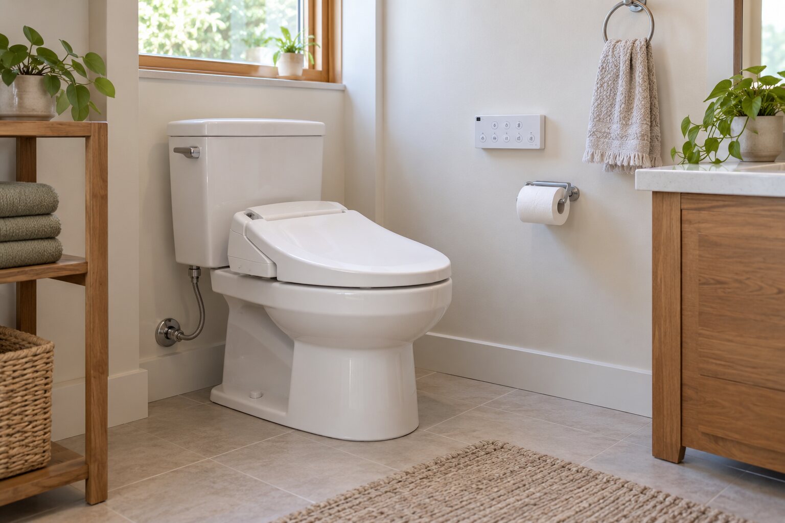 Clean domestic bathroom showing an unbranded toilet with bidet seat and separate easy-reach wall control.