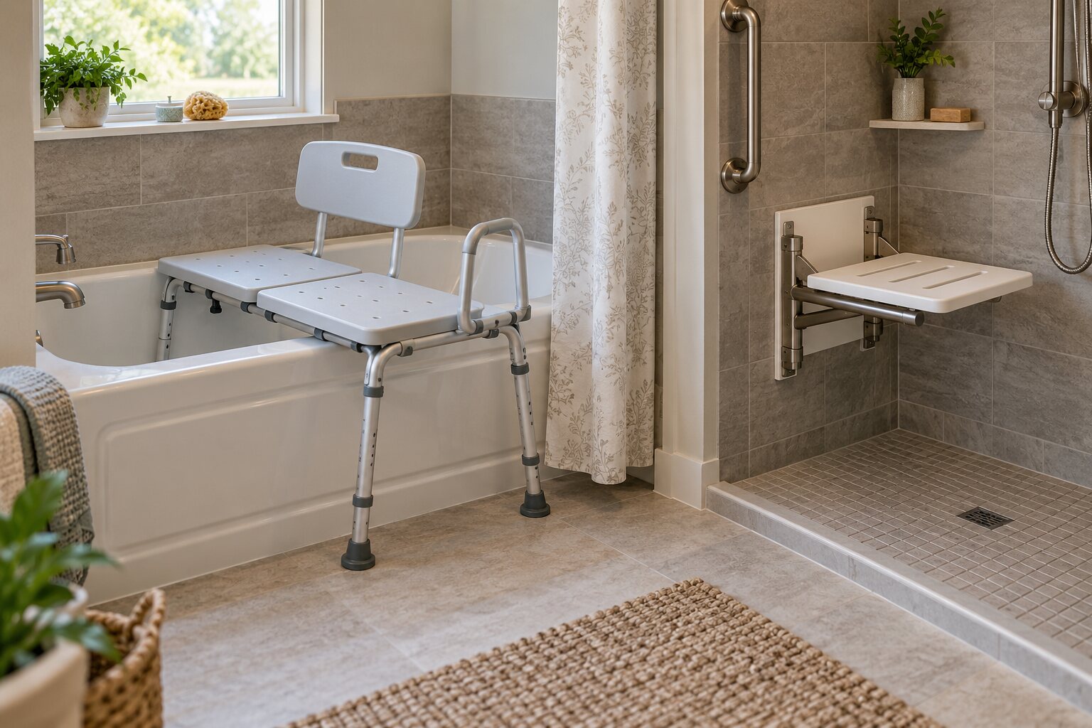 Bathroom showroom scene with a transfer bench beside a bathtub and separate folding shower seat display.