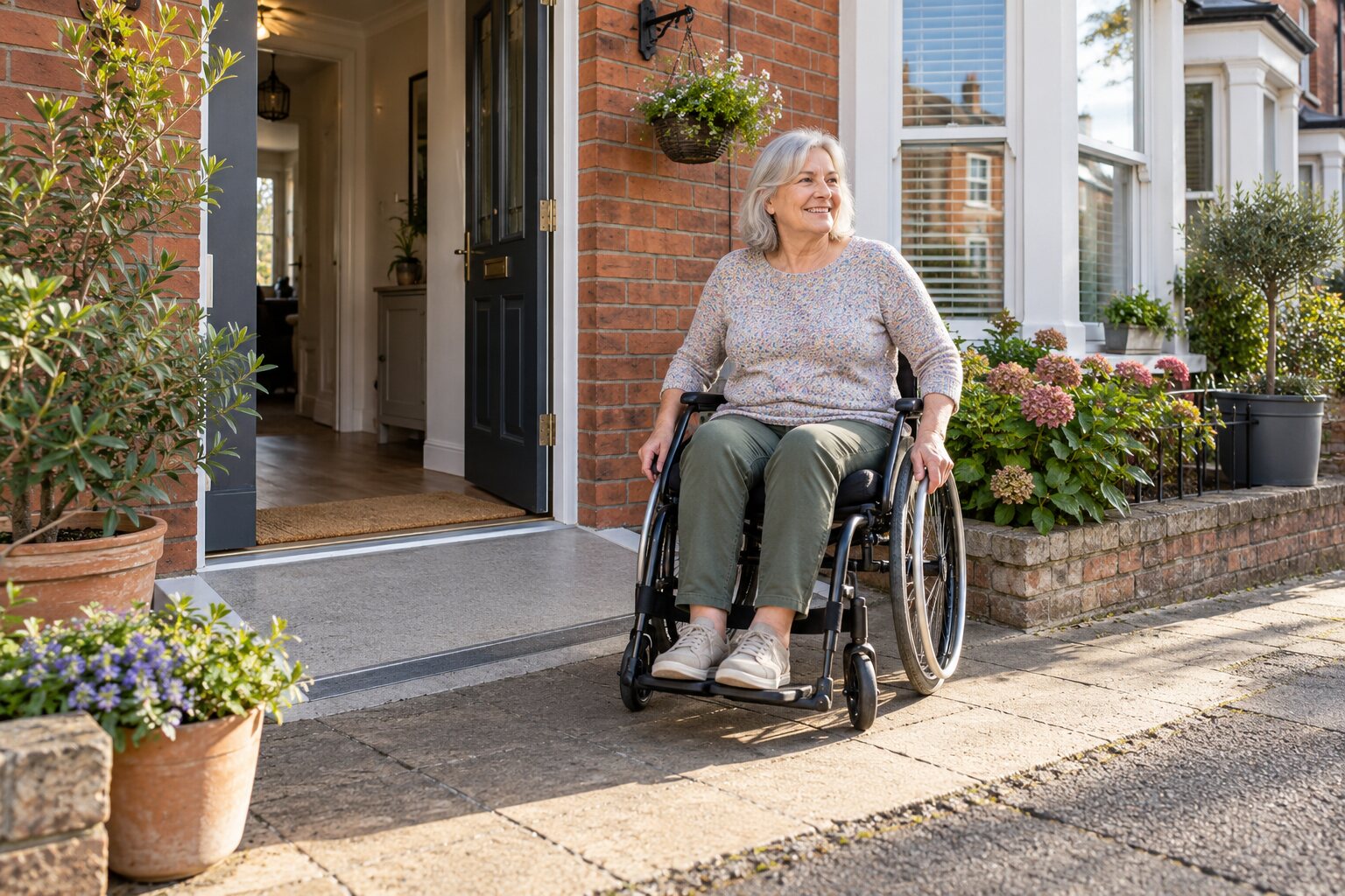 Resident outside a modest British terraced house with improved level entry.