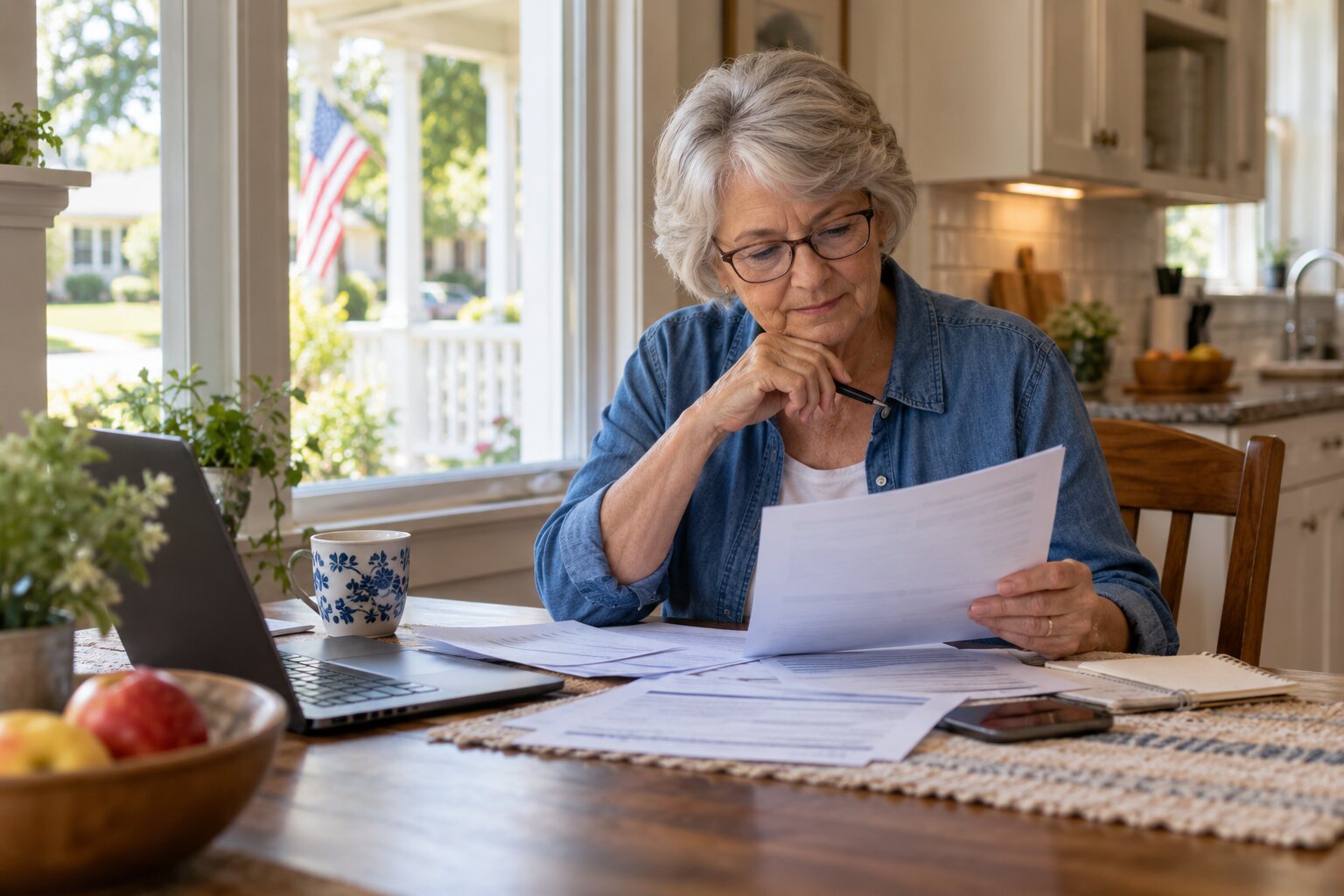 Older resident reviewing paperwork at a kitchen table in an American suburban home.