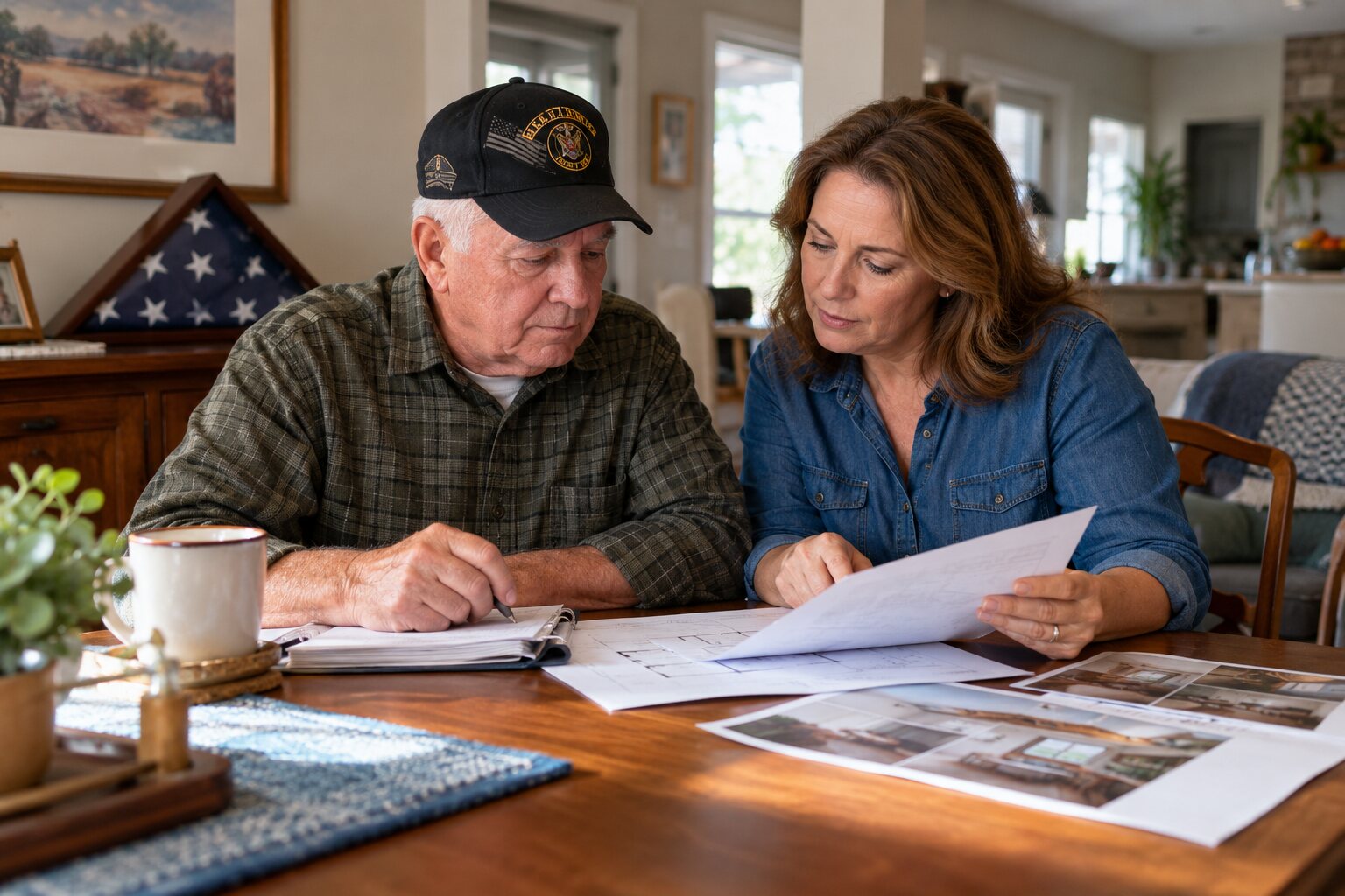 Veteran-age resident and adult family member reviewing home renovation paperwork at a dining table.