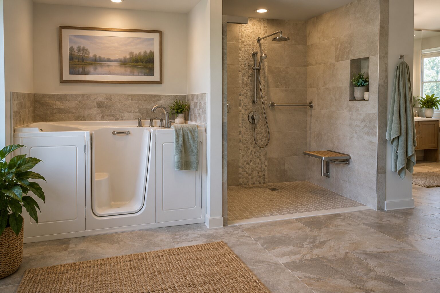 A bathroom showroom displaying an unbranded walk-in tub and a separate level-entry shower side by side.