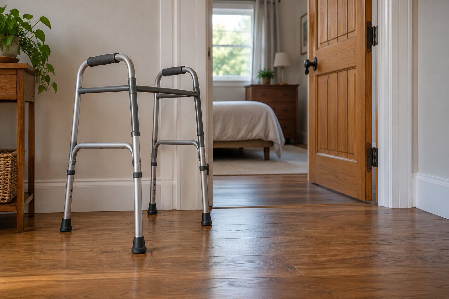 A walking frame beside an open interior doorway with clear passage and uncluttered approach.