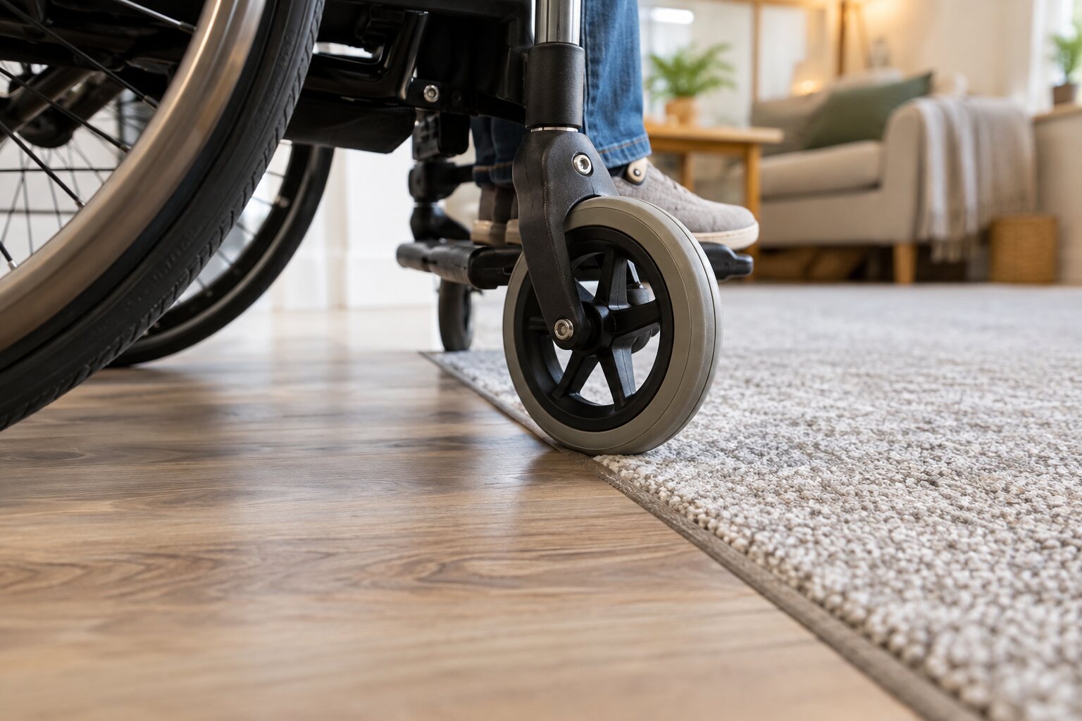 A manual wheelchair caster at a neat transition from wood-effect vinyl to firm low-pile carpet.