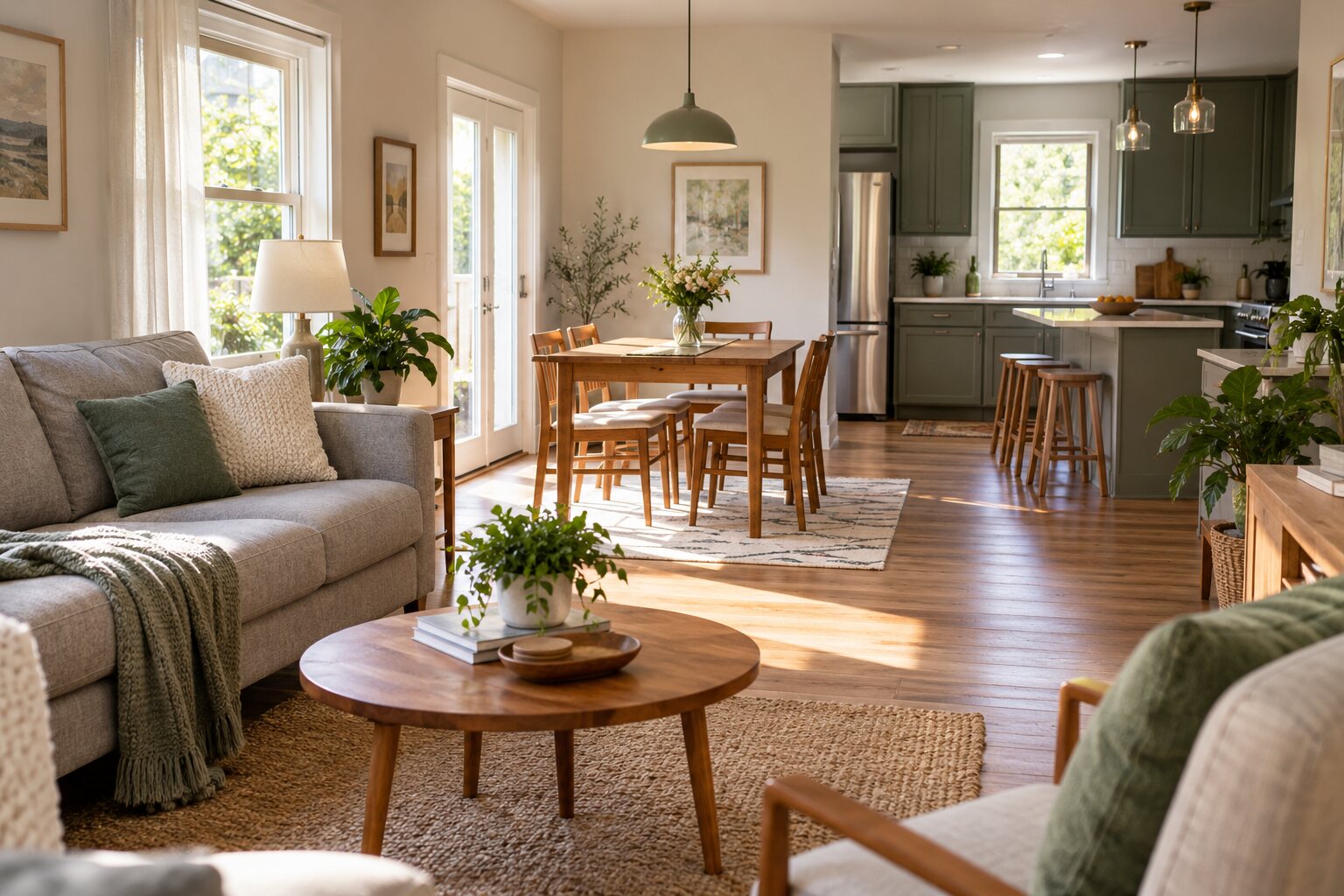 Sunny open living dining room and kitchen connected by a clear route.