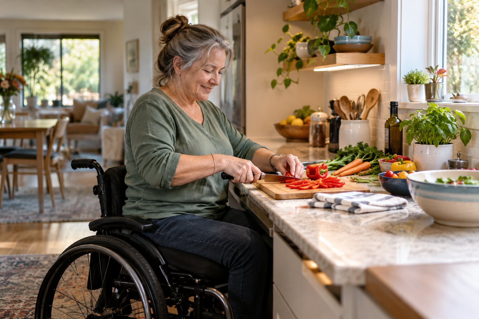 Resident preparing vegetables at a comfortable kitchen work surface with everyday items within reach.
