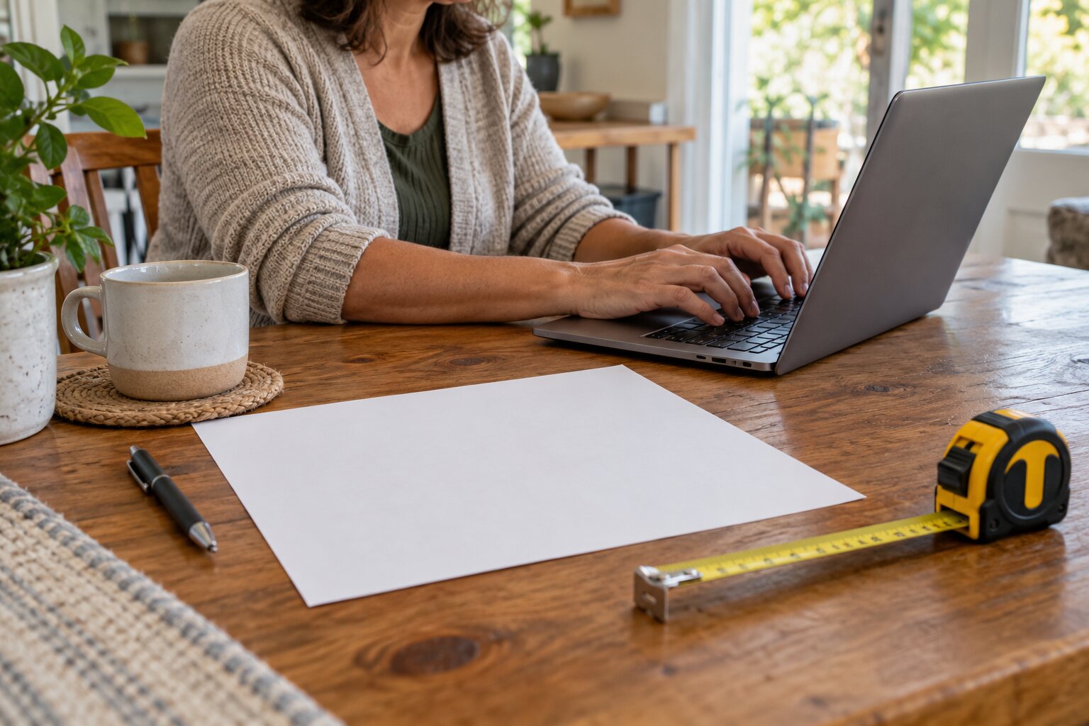 A person typing notes on a laptop beside a blank printed planning worksheet and a tape measure.